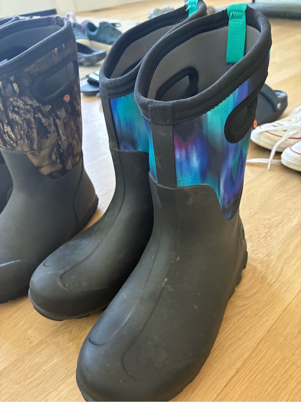 Bogs Kids Black Rain Boots with Teal & Purple Upper